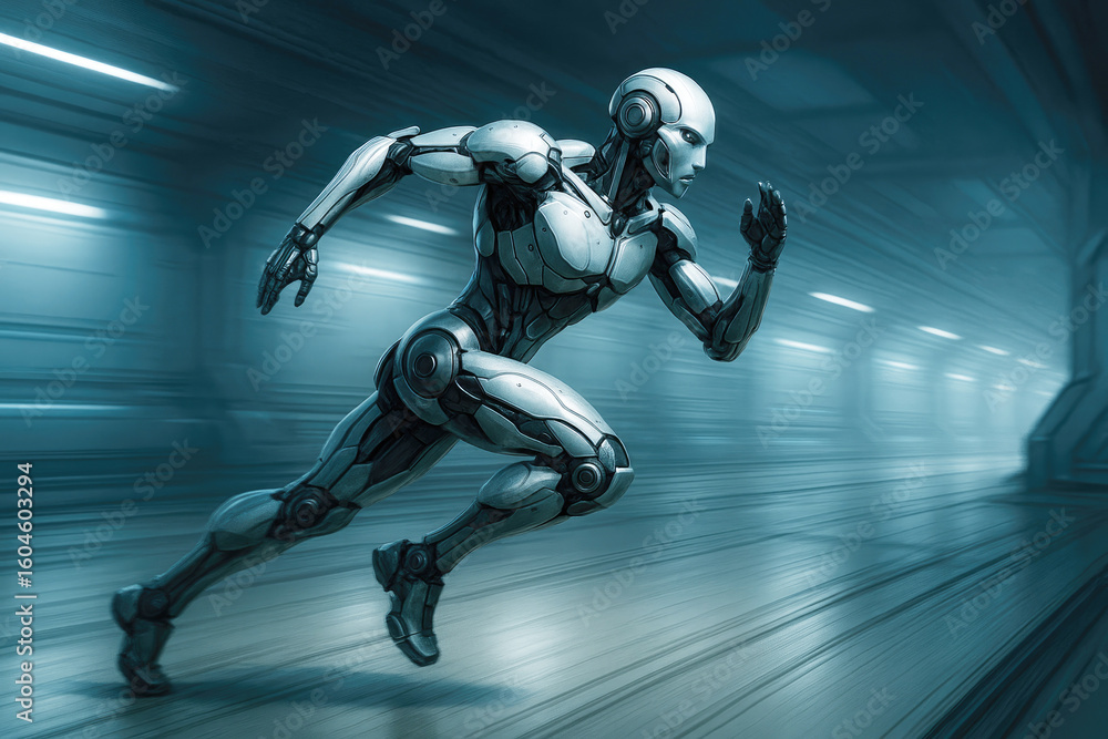 Poster futuristic humanoid robot running fast through a blue tunnel android cyborg