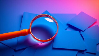 Orange magnifying glass over blue shapes, talent search concept, best, human resources
