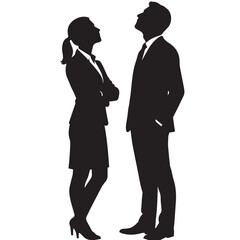 Vector silhouettes of a man and a woman, a couple of business people standing in profile, looking up, black color on a white background	