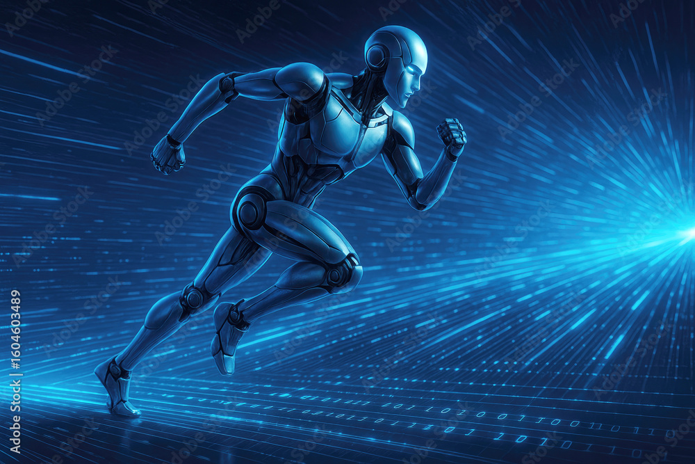 Poster futuristic humanoid robot running through digital data streams technology