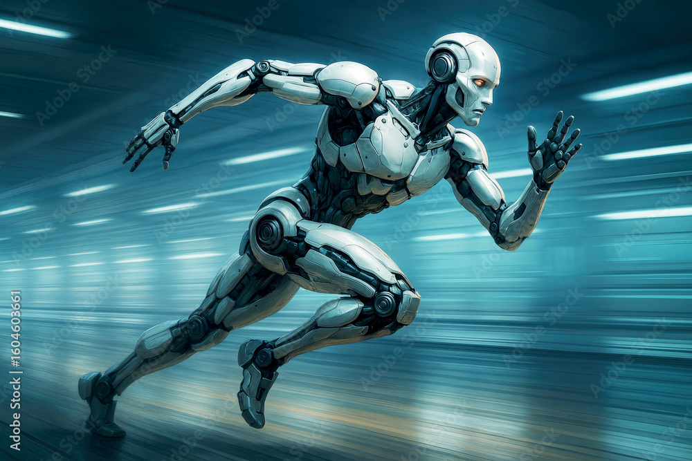 Poster futuristic humanoid robot running with glowing eyes in a motion blurred tunnel android