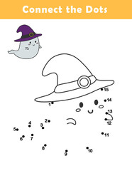 Dot to Dot Worksheet for Kids. Connect the dots to draw a cute ghost. Illustration of smiling ghost. Coloring page.	