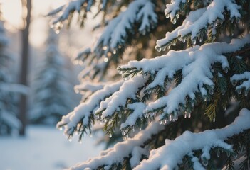 Obraz premium Snow-laden evergreen branches glistening in a serene winter landscape