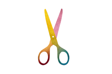 Surreal scissors slice through fluffy clouds in a dreamy retro landscape