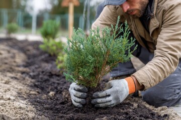 Man Planting Juniper in the Yard