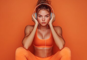 A Young Woman in Vibrant Orange Activewear Listening to Music, Capturing a Moment of Focus and Energy Against a Bold Orange Background