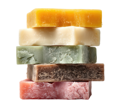 Stack of colorful handmade soaps.  Stacked rectangular bars of different natural colors including yellow, cream, light green, brown, and pink.  Each bar has a unique textured surface