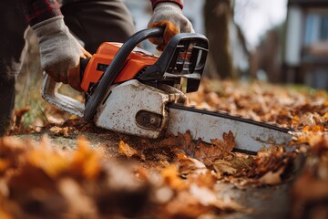 autumn gardening labor with chainsaw and gloves