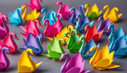 A flock of vibrantly colored origami swans, arranged artfully, paper art, vibrant