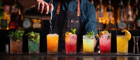 The skilled bartender creating colorful cocktails for a vibrant summer gathering.