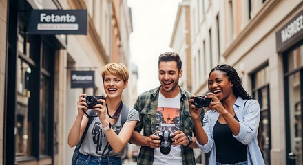 Three friends laughing and taking photos while walking down a city street during a vacation trip