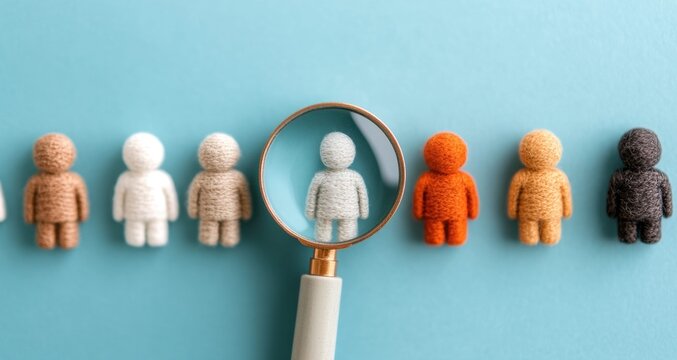 Exploring Diversity and Inclusion: A Magnifying Glass Highlights Differences Among Figurines Representing Various Identities and Perspectives