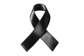 A glossy, black ribbon, signifying mourning or remembrance, is centered against a pure black background