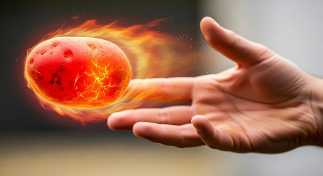 A literal hot potato ignites with flames and lightning as it hovers above an outstretched hand. Creative and surreal visual pun