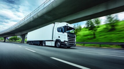 The truck speeding along a highway beneath an overpass on a cloudy day.
