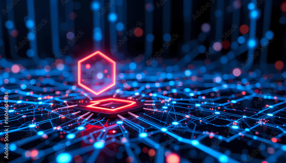 Poster abstract glowing circuit board with hexagon and square shapes in blue and red colors on dark backgro