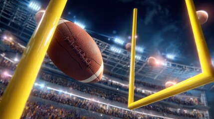 The football soaring through goalposts in a vibrant stadium atmosphere.