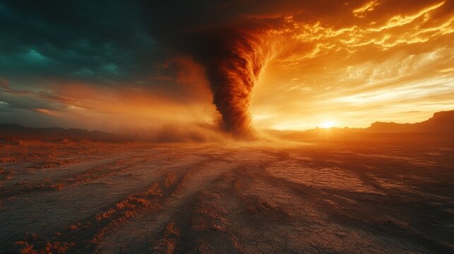 Fiery sunset illuminates a massive dust devil swirling across a cracked desert landscape.