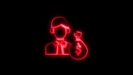 A glowing neon red businessman with a bag of money against a black background © Awwal  Stock