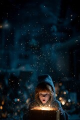 A young girl opening a Christmas present in a magical winter night forest, her face full of surprise and wonder. Surrounded by twinkling fairy lights, snow-covered trees, and the festive atmosphere of