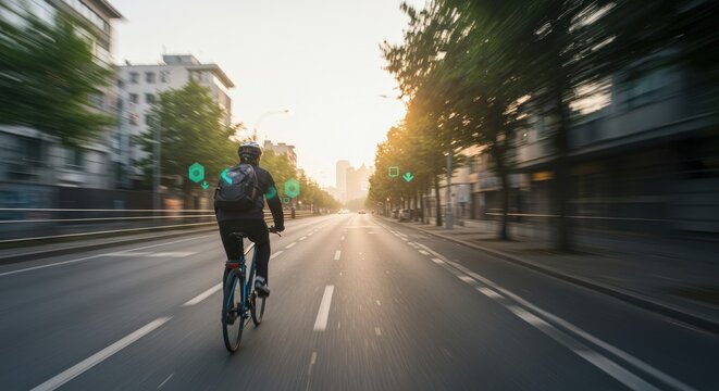 Morning commuter cyclist following holographic AR navigation through bustling city streets, illustrating sustainable mobility, tech-driven transport and healthy urban living.