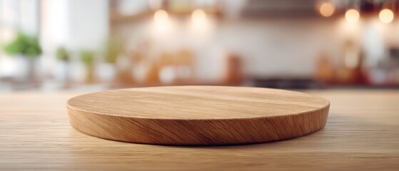 The wooden serving platter on a beautifully designed kitchen table.