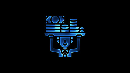 A glowing icon of a person carrying money and coins on a serving tray