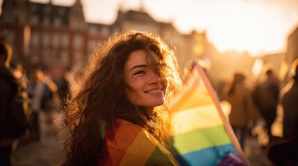 The joyful woman celebrating pride with a vibrant rainbow flag at sunset.
