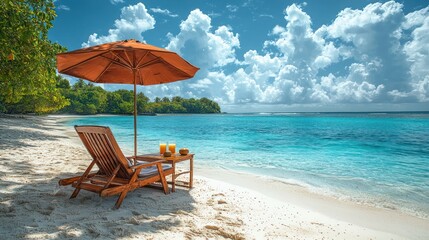 Tropical beach scene with umbrella and drinks