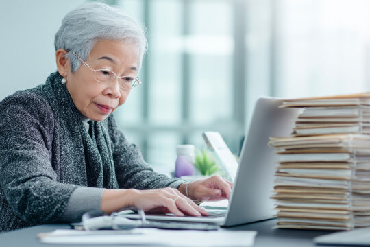 An elderly Asian businesswoman adds legacy training documents to the intranet, uploading knowledge from decades of fieldwork and policy writing for future employees to reference and learn from