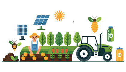 Isolated vector illustration of a farm with a green tractor, heavy construction machinery, and toy vehicles