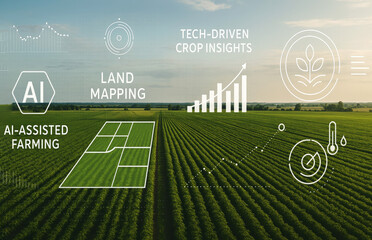 Green agricultural fields with digital farming data overlays agriculture crops
