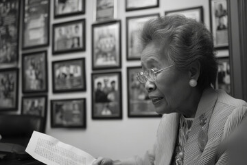An elderly Asian businesswoman reads aloud inspirational quotes from a framed collection, motivating interns with stories of perseverance