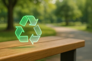 Bright green recycle icon in outdoor setting representing eco-friendliness, waste management, and...