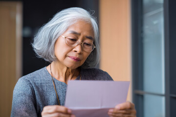 An elderly Asian woman drafts a heartfelt farewell letter for her successor, recounting key lessons and hopes for the company's path forward.