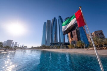 United Arab Emirates flag waving before modern skyscrapers and pool under bright sun