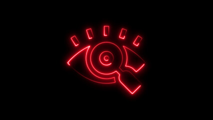 Red neon illuminated eye and magnifying glass concept representing vision search and focus