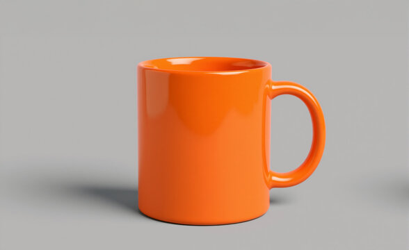 An orange mug isolated on a gray background. Copy space, space for text, wallpaper.