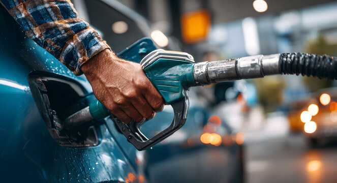 Fototapeta Man pumping fuel into car at gas station, focusing on energy and transportation