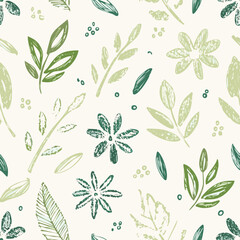 Seamless Hand-Drawn Floral and Leaf Pattern in Crayon Style