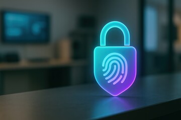 Neon lock with fingerprint representing security, biometric access, and privacy in digital or...