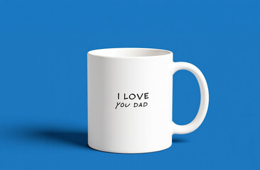 a white coffee mug with the words "I Love You Dad" printed on it against a blue background. Father's Day concept.