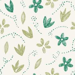 Seamless Hand-Drawn Floral and Leaf Pattern in Crayon Style