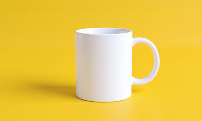 A white coffee mug on a yellow background. Wallpaper, space for text, copy space.