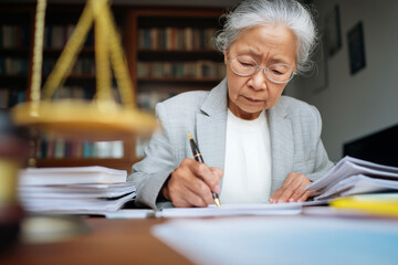 An elderly Asian woman updates legal compliance documents with careful precision, working closely with lawyers to ensure all policies reflect changing global regulations and ethical standards