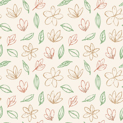 Seamless Hand-Drawn Floral and Leaf Pattern in Crayon Style