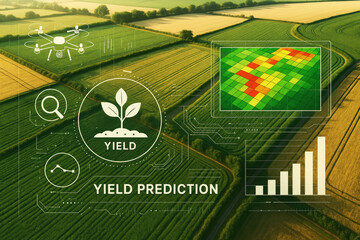Green agricultural fields with drone and data analysis agriculture technology
