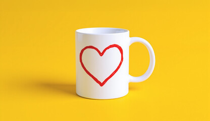 A white coffee mug with a hand-drawn red heart on a yellow background. Wallpaper, space for text, copy space.