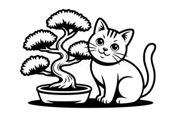 Cute Cat with Bonsai Tree – Bold Minimalist Vector Line Art for Apparel and Vinyl Cutting generative ai 