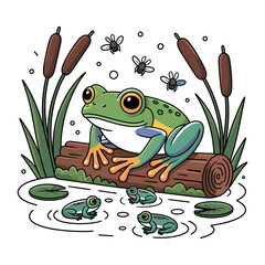 A cute green cartoon frog character with big eyes happily sitting on a lily leaf in a pond, illustrated as a vector animal